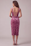 Robe cocktail Midi froncée en velours Fuchsia Bodycon Bodycon Sweetheart avec fente
