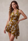 Robe cocktail courte asymétrique en velurs doré fleuriel, dorée moutarde