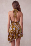 Robe cocktail courte asymétrique en velurs doré fleuriel, dorée moutarde