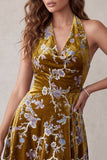 Robe cocktail courte asymétrique en velurs doré fleuriel, dorée moutarde