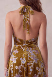 Robe cocktail courte asymétrique en velurs doré fleuriel, dorée moutarde