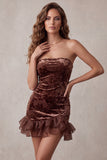 Robe cocktail courte courte en velurs à volants Bodycon Bodycon, sans bretelles en velurs à volants,