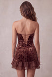 Robe cocktail courte courte en velurs à volants Bodycon Bodycon, sans bretelles en velurs à volants,