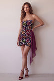 Robe courte cocktail courte bodycon sans bretelles en velours bordeaux avec drapé