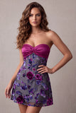 Robe cocktail courte courte fleurie sans bretelles en satin Fuchsia A-Line