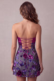 Robe cocktail courte courte fleurie sans bretelles en satin Fuchsia A-Line