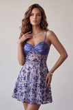 Robe cocktail courte transparente et francée aux bretelles A bleues