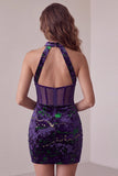 Corset violet foncé, col haut, en velours bodycon, courte robe cocktail