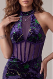 Corset violet foncé, col haut, en velours bodycon, courte robe cocktail