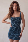 Robe courte cocktail bodycon imprimée bleu marine