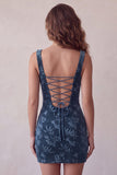 Robe courte cocktail bodycon imprimée bleu marine
