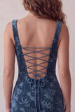 Robe courte cocktail bodycon imprimée bleu marine