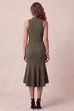 Robe de cérémonie midi en sirène olive, col haut, tulle bas