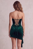 Robe cocktail courte courte en velours froncé vert foncé vert foncé
