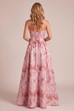 Robe Maxi de soirée rose sans bretelles à sequins sans bretelles avec dentelle dans le dos