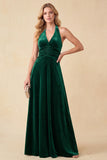 Robe de cérémonie Maxi Longue longue en Aline Aline vert foncé en velours à col en V et froncé