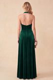 Robe de cérémonie Maxi Longue longue en Aline Aline vert foncé en velours à col en V et froncé