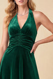 Robe de cérémonie Maxi Longue longue en Aline Aline vert foncé en velours à col en V et froncé