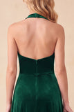 Robe de cérémonie Maxi Longue longue en Aline Aline vert foncé en velours à col en V et froncé