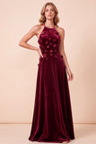 Robe formelle longue longue en velurs à dos nus A-Line Bourgogne en velut 3D fleur avec perles