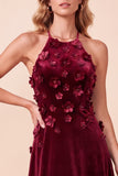 Robe formelle longue longue en velurs à dos nus A-Line Bourgogne en velut 3D fleur avec perles
