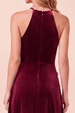 Robe formelle longue longue en velurs à dos nus A-Line Bourgogne en velut 3D fleur avec perles