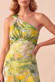 Robe formelle à étui jaune imprimée à une épaule haute-basse avec volants