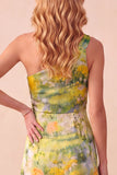 Robe formelle à étui jaune imprimée à une épaule haute-basse avec volants