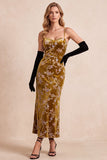 Robe de cérémonie Maxi à bretelles en étui en or moutarde en velurs imprimé Maxi