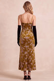 Robe de cérémonie Maxi à bretelles en étui en or moutarde en velurs imprimé Maxi