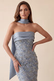 Robe formelle Maxi en satin Bodycon Bodycon Bleu Gris Moulée avec des appliques