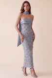 Robe formelle Maxi en satin Bodycon Bodycon Bleu Gris Moulée avec des appliques