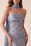 Robe formelle Maxi en satin Bodycon Bodycon Bleu Gris Moulée avec des appliques