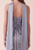 Robe formelle Maxi en satin Bodycon Bodycon Bleu Gris Moulée avec des appliques