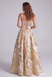 Corset champagne Ligne A Jacquard à larges bretelles Maxi robe formelle