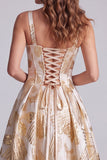 Corset champagne Ligne A Jacquard à larges bretelles Maxi robe formelle