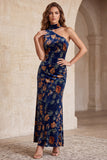 Robe de cérémonie Maxi à fourreau bleu foncé à une épaule imprimée en velours