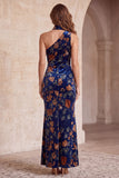 Robe de cérémonie Maxi à fourreau bleu foncé à une épaule imprimée en velours