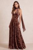 Robe formelle Maxi Maxi à col en V fleurie A-Line Chocolate avec ceinture en mousseline