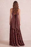 Robe formelle Maxi Maxi à col en V fleurie A-Line Chocolate avec ceinture en mousseline