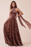 Corset en chocolat en velours en velours A-Line Maxi robe de cérémonie avec une ceinture en chiffon