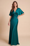 Robe formelle Maxi en satin verte paon à manches flottantes en V avec une fleur 3D