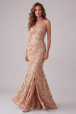 Robe formelle longue appliquée sans bretelles sirène champagne avec fente latérale