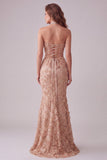 Robe formelle longue appliquée sans bretelles sirène champagne avec fente latérale