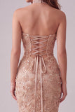 Robe formelle longue appliquée sans bretelles sirène champagne avec fente latérale