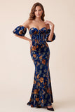 Corset en velours bleu foncé imprimé sirène Maxi Bustless Maxi Formal avec manches bouffantes amovibles