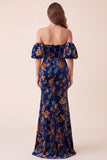 Corset en velours bleu foncé imprimé sirène Maxi Bustless Maxi Formal avec manches bouffantes amovibles