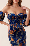 Corset en velours bleu foncé imprimé sirène Maxi Bustless Maxi Formal avec manches bouffantes amovibles