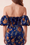 Corset en velours bleu foncé imprimé sirène Maxi Bustless Maxi Formal avec manches bouffantes amovibles