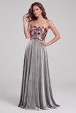 Robe de cérémonie Maxi en velours sans bretelles en ligne A grise avec dentelle dans le dos